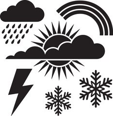 Weather Icons Set Black and White Illustration of Sun Rain Rainbow Snow Lightning