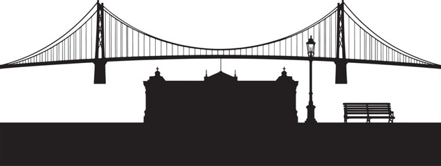 Black and White Silhouette of Bridge Building and Bench on White Background