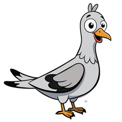 Cheerful gray cartoon pigeon cheerfully stands while opening its beak happily on white