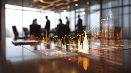 Modern Office Meeting with Transparent Graph Overlays on Table