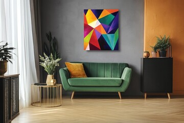 Colorful abstract art piece on wall, in a modern living room