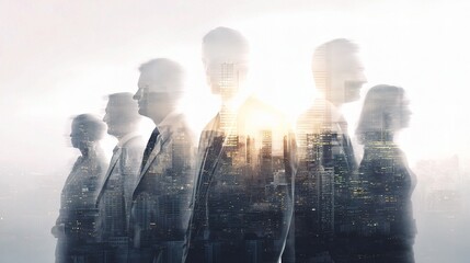 Layered Business Professionals Against Urban Skyline Background