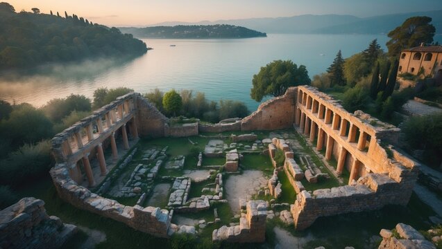 Early Morning Aerial View of Lake of Garda's Grotto of Catullus