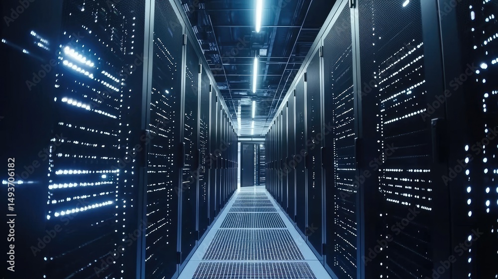 Poster sleek futuristic data center hallway with glowing white server racks and gridded floor, perfect for 