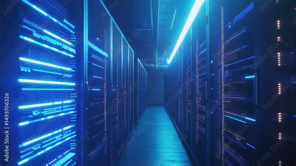 Poster modern data center hallway with glowing blue led server lights and polished floor, ideal for visuali