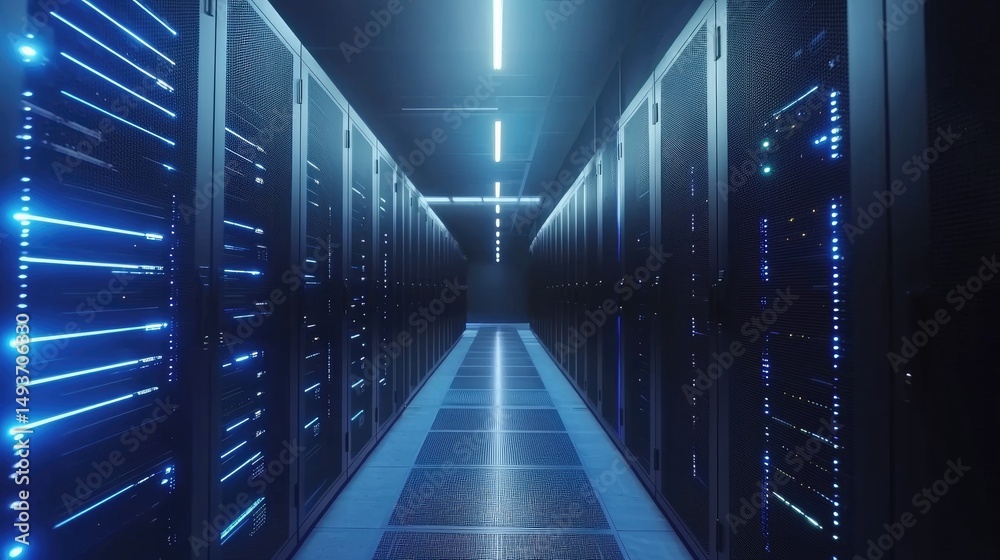 Aufkleber Dimly lit data center hallway with glowing blue server racks and vented floor panels, perfect for visualizing secure cloud systems, AI computing, and digital infrastructure concepts