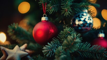 Christmas Tree Decorated with Ornaments and Star-Shaped Cookies