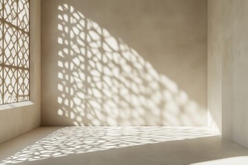 Serene Minimalist Room Interior with Intricate Lattice Window Casting Sunlit Shadows on Beige Walls and Floor - Perfect for Design, Architecture, and Lifestyle Stock Photography