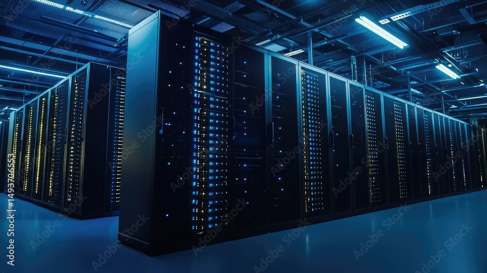 Aufkleber Dark modern data center with glowing blue and yellow server lights and structured cabling, ideal for IT infrastructure, cloud computing, and cybersecurity environments