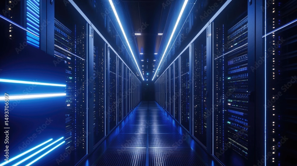 Aufkleber futuristic data center corridor with glowing blue server racks and reflective floor panels, perfect 