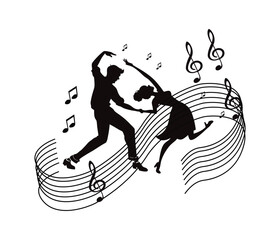 Silhouette vector illustration of a couple dancing, a fun cartoon action for people and children