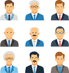 A collection of nine diverse business professional avatar icons on a white isolated background display