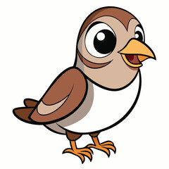 Cheerful sparrow character smiles sweetly, showing its beak and tiny feet with big eyes