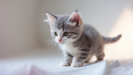 Tiny cat engaging in play against a white background.