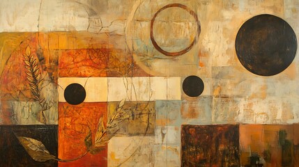 Abstract composition of geometric shapes and organic forms.