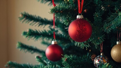 Fototapeta premium Festive Christmas Tree Decorated with Red and Golden Holiday Ornaments