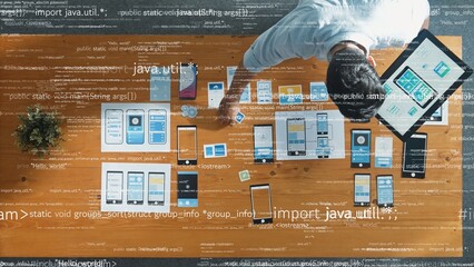 Top down view of business man looking Ux Ui design with coding engineering prompt and hold tablet....