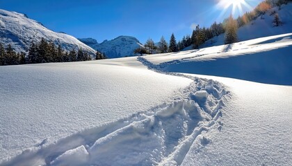 pristine snow trail winding through sunlit alpine landscape under deep blue sky with distant mountains for winter web design, travel poster, print decor, or seasonal branding

