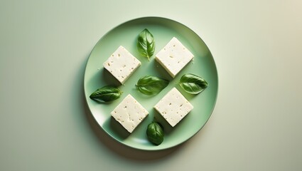 Plakat Bird's eye view of tofu or soy cheese garnished with fresh basil leaves in a green plate with blank area