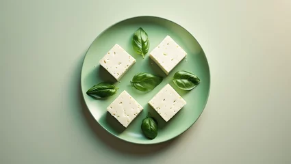 Fotobehang Bird's eye view of tofu or soy cheese garnished with fresh basil leaves in a green plate with blank area © AkuAku