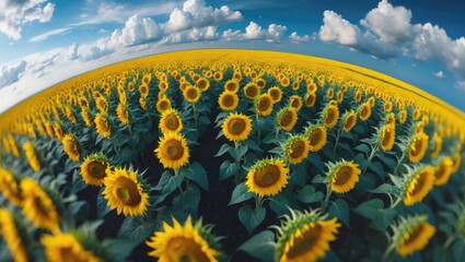 The spherical image morphs into a tiny planet. Aerial abstract depiction of sunflowers in a field under a clear sky with impressive clouds.