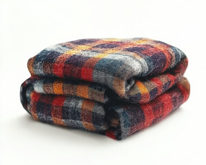 High-quality folded flannel blanket with multicolored plaid pattern isolated on white background