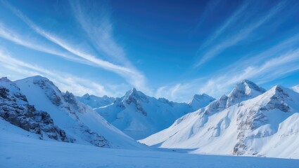 Obraz premium In the winter season, snow-laden mountains are encircled by a clear azure sky.