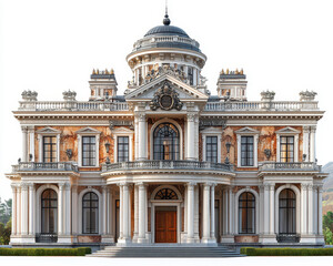 Grand Historic Mansion with Classical Architectural Features on White Background