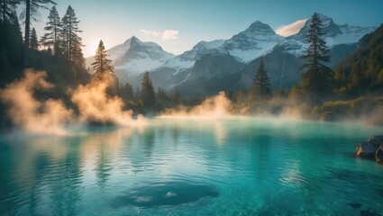 Gorgeous mountain scenery with snow and steaming water pools
