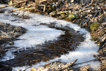 Creek or mountain river in early spring water flows under frozen ice. Water flowing under the ice crust. first ice in autumn. beauty of nature. ice melts or stream freezes, season