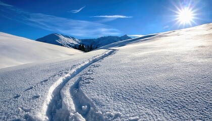 pristine snow trail winding through sunlit alpine landscape under deep blue sky with distant mountains for winter web design, travel poster, print decor, or seasonal branding

