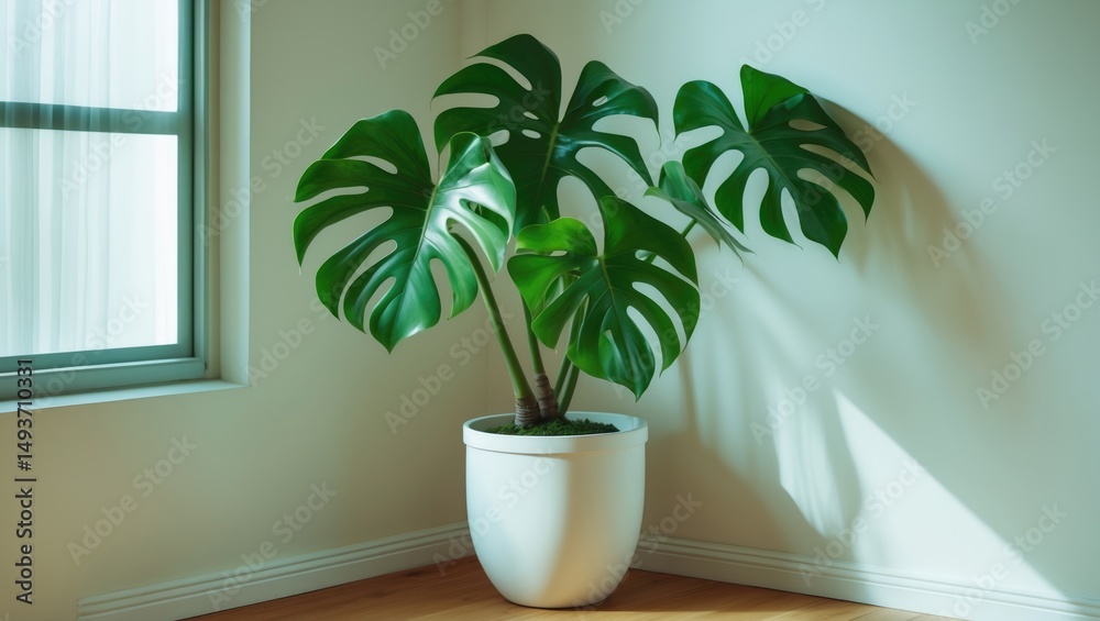 Wall mural monstera leaf displayed in a vase with a white wall as the background and open space near the window