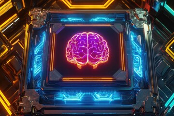 Neon brain in a glowing metallic box