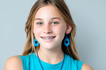 A young girl with blue braces that match her earrings. Smile, confidence, health. Dental services.