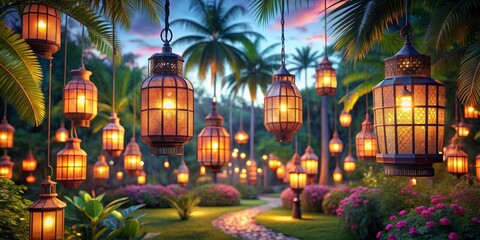 Obraz premium Enchanted Garden Lanterns - 3D Render, Tropical Night, Hanging Lights, Festive Atmosphere, garden, lanterns, tropical