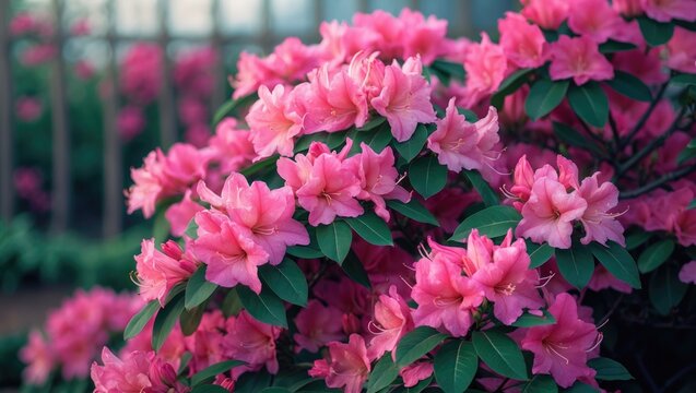 Gorgeous vivid pink encore Azalea flowering. Close-up shot.