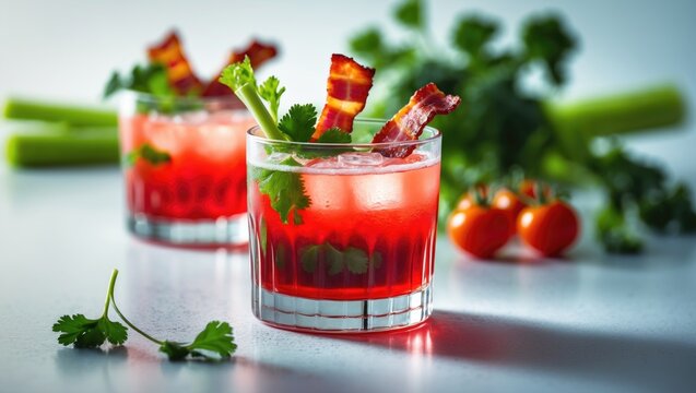 Light background featuring a cocktail glass with bacon and cilantro garnish