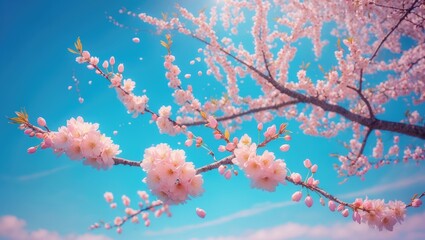 Blossoming tree with gentle white flowers and ripe almonds contrasted by a clear blue sky.