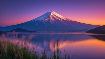 Breathtaking Mountains, Mount Fuji, and Kawaguchiko Lake at Twilight