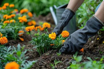 Fototapeta premium Gardener planting vibrant orange flowers in a lush garden wearing protective gloves