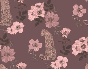 Leopard with flowers and leaves in vintage style, seamless pattern.