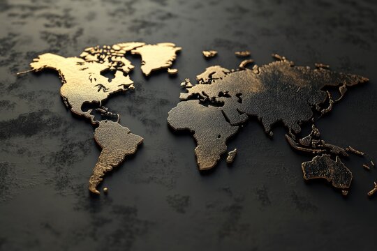Golden world map on dark background