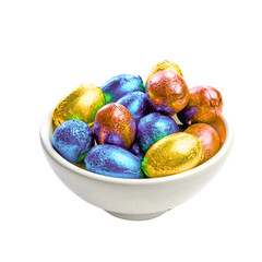 A colorful assortment of blue, pink, and yellow Easter eggs, some wrapped in bright foil, fills a basket, embodying the sweet tradition of the spring holiday celebration