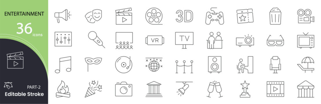 Entertainment icon set. Media and fun related line icons: music, movie, TV, game, theater, party, microphone, speaker, video, concert, popcorn and more. Editable stroke. Vector illustration.