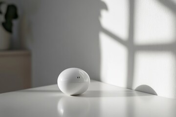Minimalist White Sphere Object on a White Table with Sunlight Shadow, Modern Home Decor, Clean and Simple Aesthetic, Product Photography, Technology Gadget, Smart Device