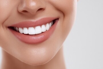 Obraz premium A young woman's flawless white teeth are on full display in a bright smile, showcasing the successful outcome of a teeth whitening treatment, embodying the principles of oral care dentistry against a