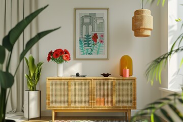 Interior decor featuring flowers woven cabinet artwork and woven pendant light