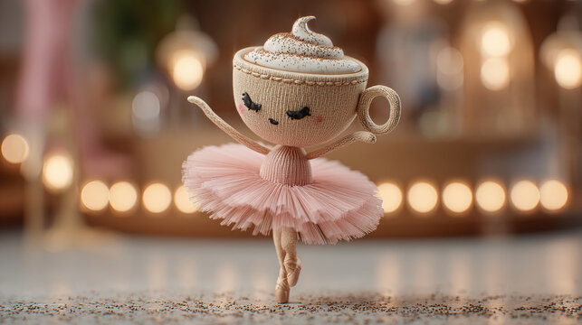 Fototapeta Cartoon ballerina with cappuccino cup head dancing on stage
