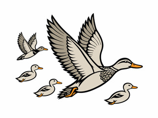 Illustration of Ducks in Flight Stylized Artwork of Flying Ducks
