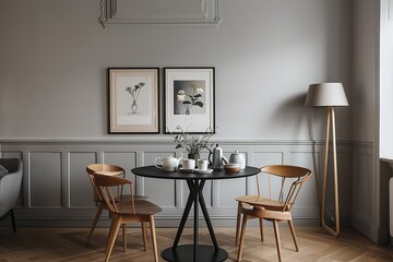 Interior setting with a round table chairs and various decor elements displayed